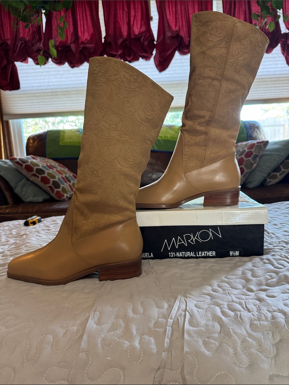 Women's Leather Tan Floral-Embossed Mid-Calf Heeled Boot